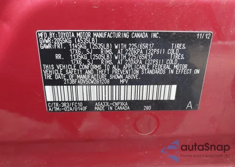 2012 Toyota Rav4 из США, поврежденный, VIN 2T3BF4DV5CW261208